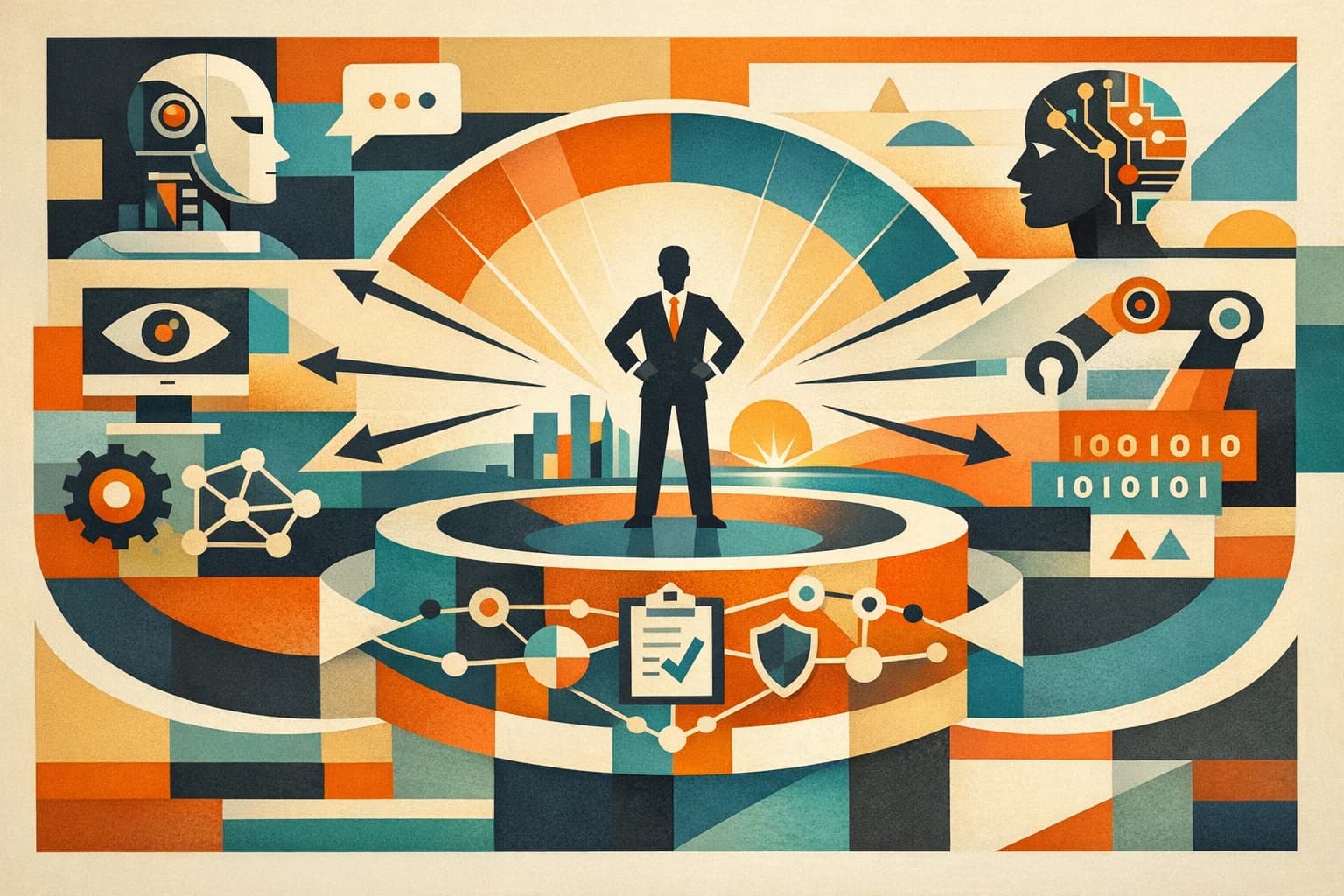 A graphic representing a project manager's role in a human-machine orchestration system.